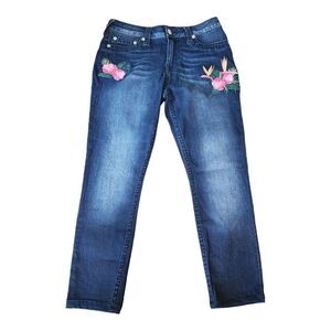 True Religion Women Embroidered Tropical Floral Skinny‎ Jeans Size 31 Blue Denim